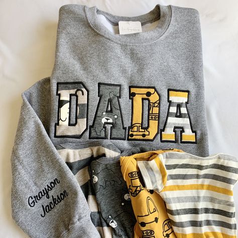 How to order: 1. Select sweatshirt SIZE and COLOR  2. Select NAME ADD ON 3. In the personalization box please include:  🧵 Text for chest (3-5 letters - MAMA, DAD, DADA, PAPA, GIGI, NANA, etc..) 🧵 Name of child(ren) if needed 🧵 Thread color  (thread color is used for both text across chest and text on sleeve, unless otherwise indicated)  4. ADD TO CART 5. I will message you on how and where to send your baby/ child clothes 🔁 Repeat these steps if purchasing an additional sweatshirt for dad or Dad Sweaters, Christmas Gifts For Moms, Baby Clothes Gift, Child Clothes, Sewing Gifts, Baby Outfits, Grandpa Gifts, Mom Outfits, Color 2