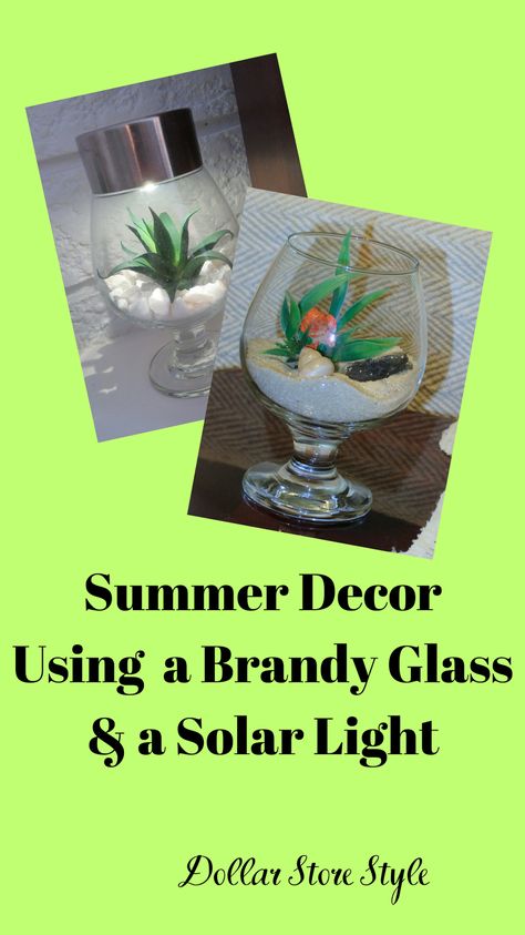 Gather a few simple items to create pretty decor that lights up. Mini Aquarium, Brandy Glass, Small Mason Jars, Faux Succulents, Pretty Decor, Planted Aquarium, River Rock, Solar Lights, Brandy