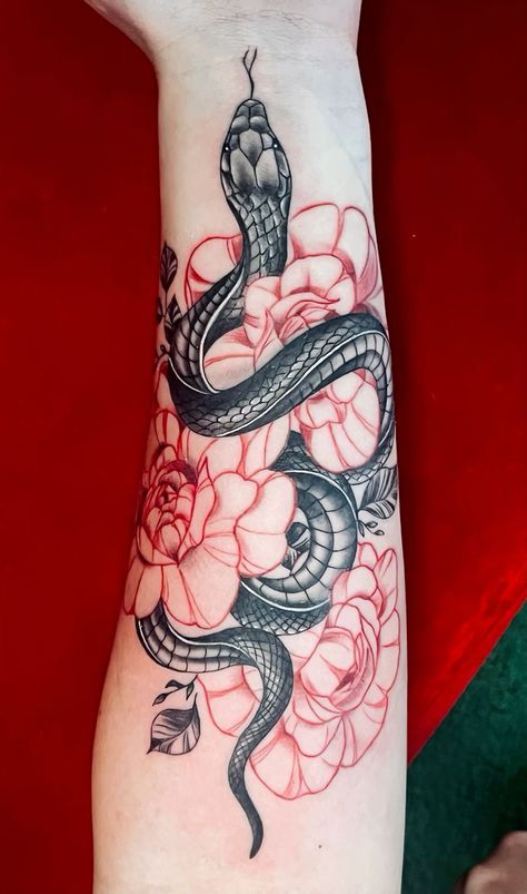 Snake And Skull Tattoo Feminine, Rattlesnake Tattoo Feminine, Arm Snake Tattoos For Women, Snake And Flowers Tattoo Arm, Rose With Snake Tattoo, Snake Wrist Tattoo Wrap, Wrist Snake Tattoo, Snake Tattoo Around Arm, Snake Leg Tattoo Wrap