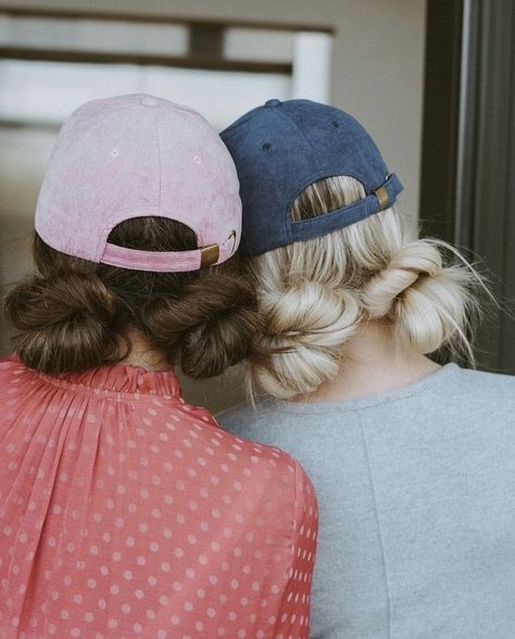 Fun Hair Dos, Low Bun With Hat, Hairstyle With Hat, Natural Beaded Row Extensions, Baseball Hat Hairstyles, Two Buns Hairstyle, Natural Beaded Rows, Low Buns, Two Buns