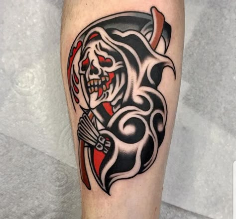 Evil Filler Tattoo Ideas, American Traditional Reaper Tattoo, American Traditional Coffin, American Traditional Reaper, Grim Reaper Traditional Tattoo, Grim Reaper Tattoo Traditional, American Traditional Grim Reaper Tattoo, Small Old School Tattoo, American Traditional Grim Reaper