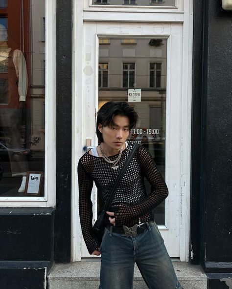 Subversive Tank Top, Fishnet Men Outfit, Mesh Sweater Men, Men In Fishnet Top, Fishnet Top Outfit Men, Mens Mesh Top Outfit, Mens Fishnet Shirt, Grungy Outfit Inspiration, Fishnet Shirt Outfit Men