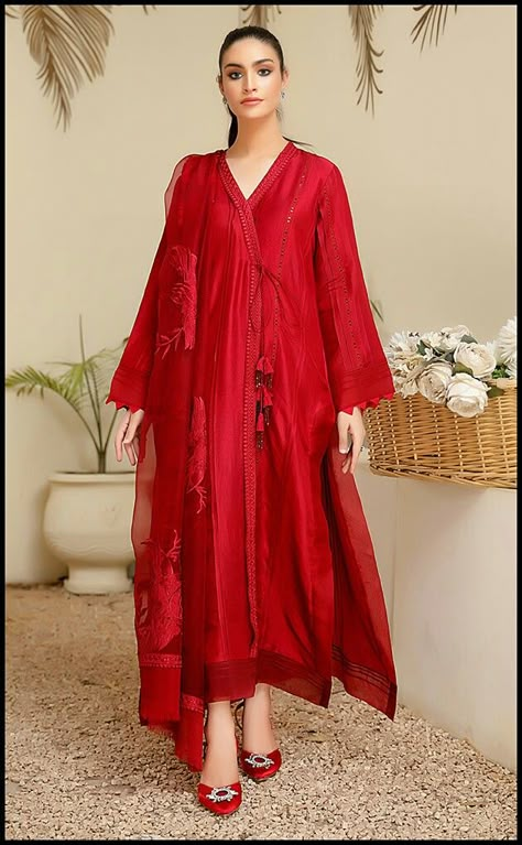 A Line Pakistani Dress, Red Silk Kurta For Eid, Eid Red Art Silk Unstitched Suit, Semi-stitched Tussar Silk Dress For Eid, Angrakha Style Pakistani Dress, Angrakha Style Kurti Pakistani, Ootd Indian, Kameez Ideas, Cotton Dress Summer Casual