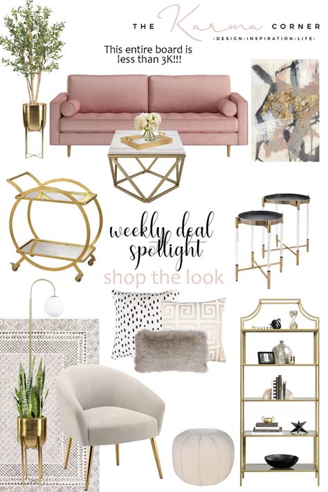 Beige Pink And Gold Living Room, Glam Living Room Rug, Boss Babe Office Ideas, Mcm Glam Living Room, Retro Glam Living Room, Glam Design Style, Living Room With Pink Couch, Feminine Modern Living Room, Modern Feminine Living Room