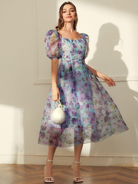 SHEIN Modely Allover Floral Print Puff Sleeve Dress | SHEIN USA Organza Frocks, Floral Frocks, Floral Bridesmaid Dresses, Simple Frocks, Frock Fashion, Frock For Women, Dress Design Patterns, Elegant Maxi Dress, Organza Dress