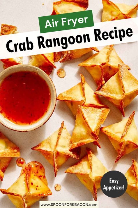 This Air Fryer Crab Rangoon recipe is rich, crispy, and full of flavor—without the mess!  This popular Chinese takeout appetizers are make in the air fryer giving them a slightly healthier twist. Perfect for party snacks or game day. Pop over to our site for the recipe! Crab Rangoon Air Fryer Recipe, Imitatation Crab Recipe Ideas Air Fryer, Crab Ragoons Recipe Dip, Air Fryer Crab Rangoon, Shrimp Appetizers Easy, Air Fryer Crab, Crab Rangoon Recipe, Rangoon Recipe, Easy Bruschetta