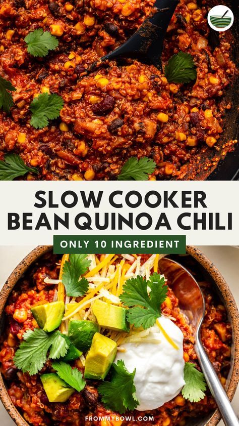 Slow Cooker Bean Quinoa Chili is the perfect protein-packed chili to whip up for a quick dinner or easy meal prep. All you need is 10 ingredients. Gluten-Free, Refined Sugar Free, Oil-Free. Slow Cooker Quinoa Chili, Slow Cooker Quinoa Recipes, Vegan Chili Crockpot, Vegan Quinoa Chili, Quinoa Chili Recipe, Beans Recipe Crockpot, Vegetarian Chili Crock Pot, Vegan Bean Recipes, Slow Cooker Quinoa