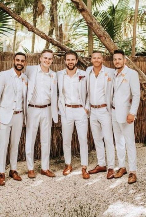 Linen Pants Outfit Men Beach Weddings, Light Beige Suit Men Wedding, Men’s Linen Wedding Suit, Tan Suit No Tie Wedding, Beach Wedding Guest Outfits For Men, Outdoor Groomsmen Attire, Groomsmen Outfits Beach Wedding, Groomsmen Summer Attire, Hawaii Groomsmen Attire