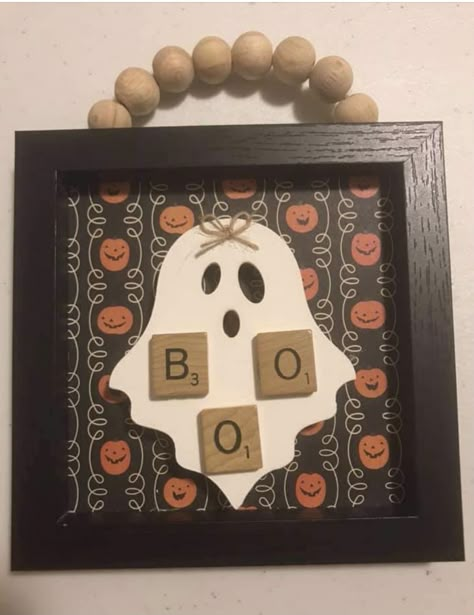 Haunted House Crafts, Ghost Ideas, Scrabble Letter Crafts, Dollar Tree Craft Ideas, Tree Craft Ideas, Halloween Sayings, Halloween Pumpkin Crafts, Fall Crafting, Fall Wood Crafts