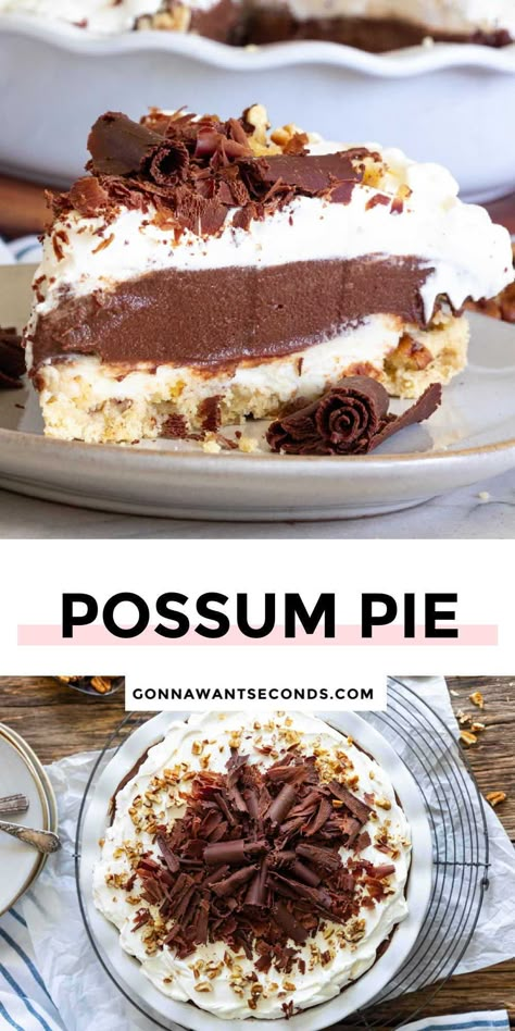 *NEW* My possum pie is a cool, creamy, southern pie perfect for any occasion. A decadent triple layer filling is cradled is a buttery pecan shortbread crust. #southernpie #possumpie Pecan Shortbread Crust, Refrigerator Desserts, Possum Pie, Dessert Lasagna, Pecan Shortbread, Favorite Pie Recipes, Special Drinks, Pie Party, Sweet Pies