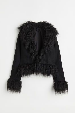 H&M+ Fluffy-trimmed Jacket | H&M (US) Black Fluffy Jacket, Black Fur Jacket, Fur Collar Jacket, Fluffy Jacket, Sherpa Coat, Fitted Jacket, I Am Gia, H&m Jackets, Wool Blend Jacket