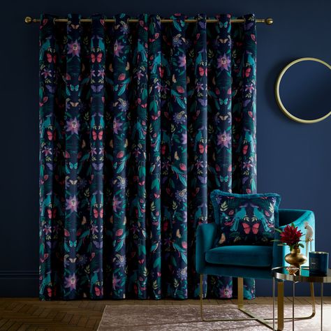 Embrace the allure of a tropical paradise, as vibrant foliage dances with charming paradise birds and dragonflies on a soft to touch velvet base. Finished with an easy hang eyelet header and lined with a recycled 9olyester to help control light and offer privacy. Panel Size: 117cm W x 137cm D Bird Curtains, Navy Blue Curtains, Catherine Lansfield, Eyelet Curtains, Blue Curtains, Lined Curtains, Tropical Design, Velvet Curtains, Tropical Birds