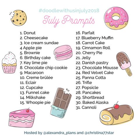 Instagram Challenge: #doodlewithusinjuly2018 - Alexandra Plans Doodle Easy, 30 Day Art Challenge, 30 Day Drawing Challenge, Drawing Challenges, Journal Challenge, Drawing Ideas List, Instagram Challenge, Month Of July, Creative Drawing Prompts