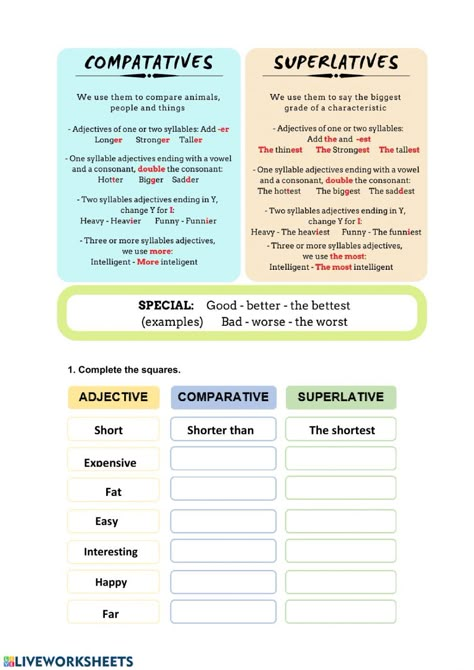 Comparative And Superlative Adverbs, Comparative Adjectives Worksheet, Adjectives Exercises, English Liveworksheet, Comparative And Superlative Adjectives, Comparatives And Superlatives, Comparative And Superlative, Education Worksheets, Adjectives Activities