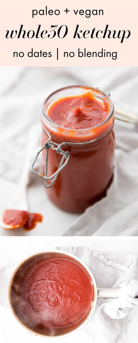 This Whole30 ketchup recipe is made with only a few ingredients, no dates, and requires no blending. It's perfect on everything and in so many other sauces! This Whole30 condiment is a total must, and you'll want to keep a jar of this Whole30 ketchup recipe on hand at all times. #whole30 #whole30recipes #paleo #paleorecipes #ketchup #vegan #veganrecipes #healthy Whole 30 Sauces, Whole30 Ketchup, Paleo Ketchup, Paleo Condiments, Paleo Sauces, Whole 30 Meal Plan, Ketchup Recipe, Whole 30 Diet, Condiment Recipes