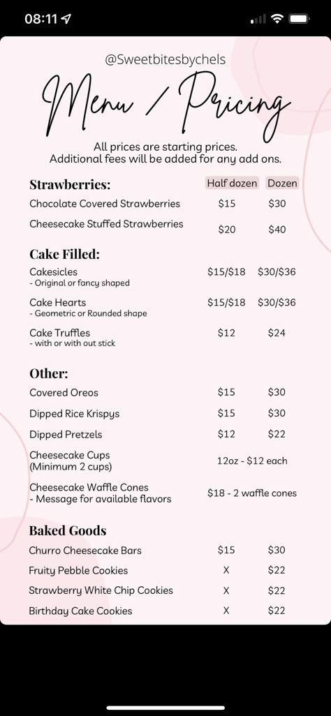 Dessert Cup Pricing, How To Start A Treat Business, Selling Truffles, Home Bakery Pricing, Small Cake Business Ideas, Dessert Pricing Chart, Cakesicle Pricing, Chocolate Covered Treat Prices, Dessert Price List