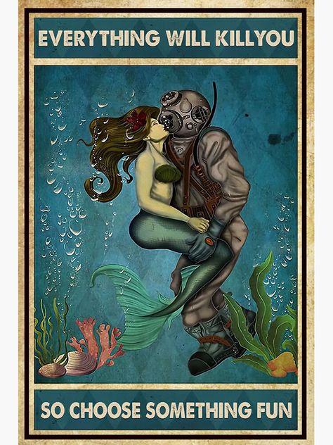 "Choose Something Fun Mermaid And Scuba Diving" Sticker for Sale by RobeLan | Redbubble Wall Art Funny, Metal Tin, Diver, Vintage Metal, Mermaid, Tin, Wall Art, Wall