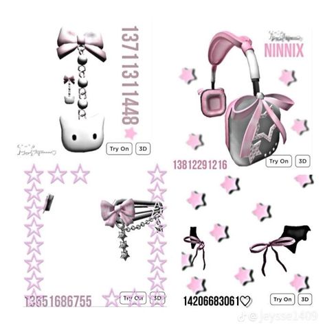 Pink Accessories Codes, Roblox Bracelet Code, Sanrio Outfits, Emo Outfit Ideas, Roblox Items, Modern Decals, Bloxburg Decals Codes Wallpaper, Roblox Code, Body Base Drawing