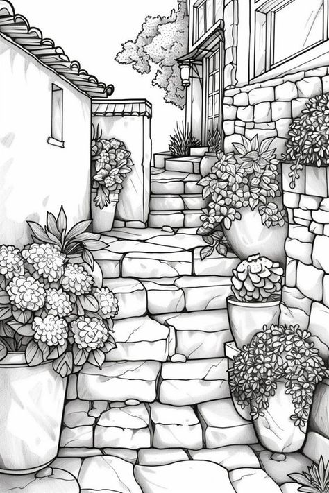 Colouring Pages For Adults, Sam Bailey, Terraced Garden, Free Adult Coloring Printables, Peaceful Garden, Garden Coloring, Garden Coloring Pages, Adult Coloring Books Printables, Garden Retreat