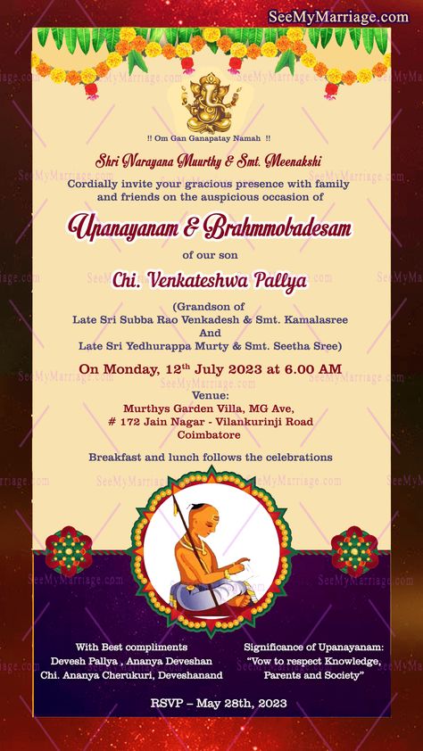 Traditional Upanayanam Ceremony Invitation in violet and cream theme with a vedic boy illustration Violet Theme, Mango Leaves, Orange Marigold, Green Mango, Traditional Invitation, Marigold Flowers, Gayatri Mantra, Sacred Threads, Boy Illustration