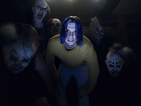 Kai From American Horror Story: Cult - Long blue wet hair, jeans, a sweater, & an angsty power trip is all you need. Bonus points if you have a friend or partner that wears a clown mask. American Horror Story Cult, American Horror Story Characters, Ahs Cult, Ahs Characters, American Horror Stories, Stephen Lang, American Horror Story Seasons, Billie Lourd, Ryan Murphy