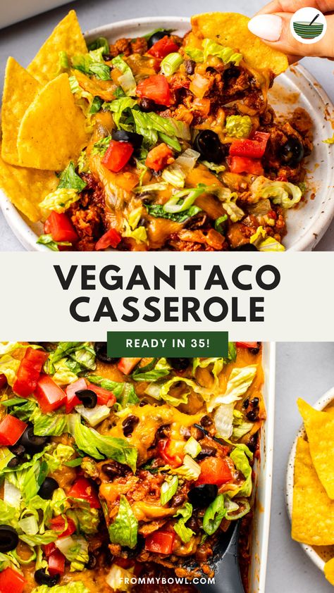 This quick and easy Vegan Taco Casserole is packed with protein and delicious Tex-Mex flavors! Serve it as a fun party dip with tortilla chips or over fluffy rice for a hearty dinner. Vegan, Gluten-Free, Oil-Free Option. Vegan Taco Dip, Vegan Taco Casserole, Vegan Mexican Casserole, Gluten Free Mexican Recipes, Tex Mex Casserole, Vegan Casseroles, Grilled Corn Salsa, Vegan Tacos Meat, Vegan Ground Beef