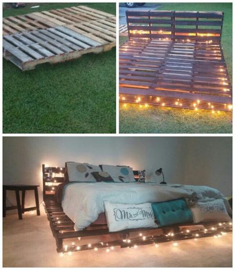 Top 62 Recycled Pallet Bed Frames - DIY Pallet Collection Diy Seng, Bedframe Diy, Pallet Bed With Lights, Pallet Bed Frame Diy, Wood Pallet Beds, Pallet Bed Frames, Pallet Bed Frame, Diy Pallet Bed, Pallet Beds