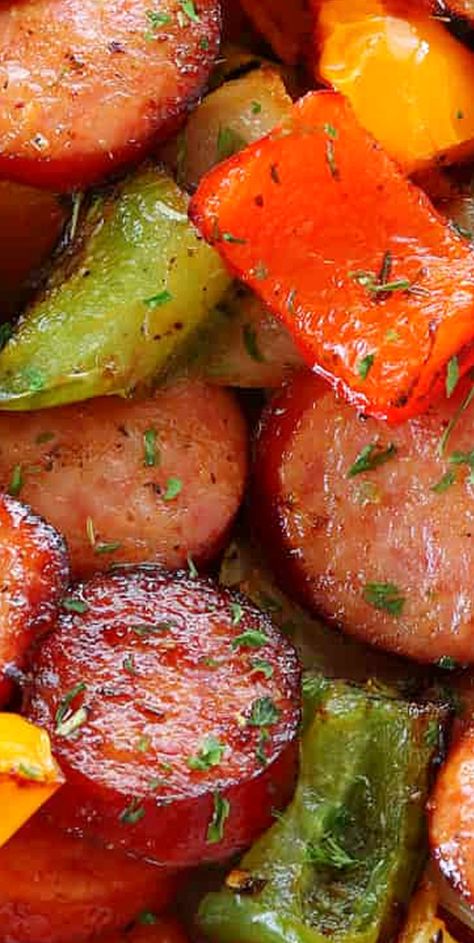 Air Fryer Sausage And Veggies, Airfryer Sausage And Veggies, Air Fryer Smoked Sausage And Veggies, Air Fryer Sausage And Peppers, Smoked Sausage And Veggies, Kilbasa Sausage Recipes, Beef Sausage Recipes, Air Fryer Sausage, Sausage Stir Fry