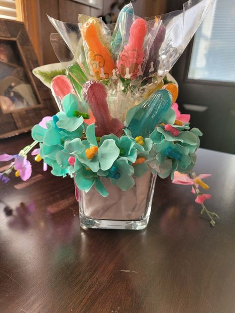 Funny bouquet using candy and same color flowers used for her bridal shower. Funny Bouquet, Bachelor Ideas, Bridal Shower, Glass Vase, Candy, Vase, Shower, Crochet, Funny