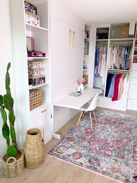 Office And Wardrobe Room, Spare Room Into Closet, Office And Closet Combo Room, Room Into Closet, Bedroom Into Dressing Room, Closet Turned Office, Spare Room Walk In Closet, Cloffice Ideas, Dressing Room Office