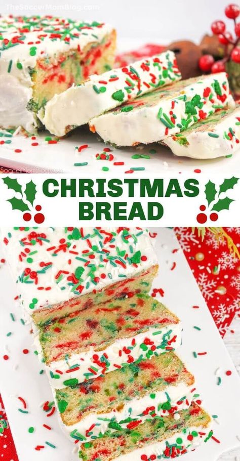 This fun and festive sweet bread is filled with colorful Christmas sprinkles and topped with a simple sugar glaze. It’s easy to make and so pretty! Not only would this holiday bread look beautiful on the dessert table, but it also makes fabulous gifts for friends, family, neighbors, or teachers. Try this perfect holiday recipe this Christmas! Christmas Loaf, Christmas Bread Recipes, Christmas Potluck, Holiday Bread, Christmas Bread, Christmas Baking Recipes, Pantry Ingredients, Christmas Sprinkles, Holiday Dessert