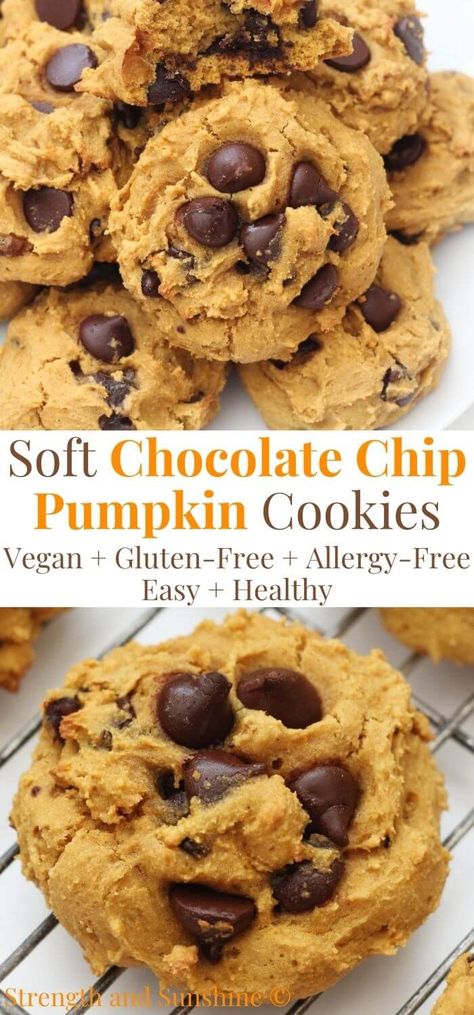 Soft Vegan Pumpkin Chocolate Chip Cookies (Gluten-Free, Allergy-Free) | Strength and Sunshine | These Vegan Pumpkin Chocolate Chip Cookies are super soft, loaded with pumpkin, and dairy-free dark chocolate chips! These healthy, gluten-free, and allergy-free pumpkin cookies are so easy to make, subtly sweet and flavored with cozy pumpkin spice! These cake-like cookies only take 10 minutes to bake and will be a favorite all season long! Almond Flour Pumpkin Chocolate Chip Cookies, Healthy Pumpkin Cookies Easy, Dairy Free Gluten Free Fall Recipes, Pumpkin Chocolate Chip Cookies Gf, Healthy Pumpkin Chocolate Chip Cookies, Gluten Free Pumpkin Chocolate Cookies, Almond Flour Pumpkin Cookies, Eggs Dessert, Egg Desserts