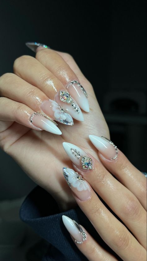 Prom Nails Rhinestones Bling, Almond Shaped Nails With Gems, Winter Wonderland Prom Dresses, Almond Nails Designs Jewels, Almond Nails With Diamonds Rhinestones, Quince Nails Almond Shape, Rhinestone Almond Nails Designs, Almond Nails Designs Gems, White Almond Nails With Gems