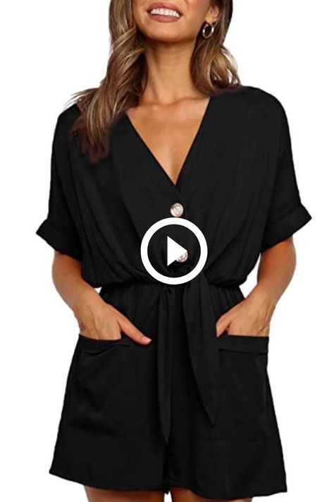 【FEATURE】-Fashion romper for women, plunge neck, roll up sleeve, one piece, wrap style, two side pockets, oversize, elastic waist, loose fit, solid color, casual wear 【OCCASIONS】-It is suitable for daily, club, party, beach, date, street, office, school, holiday, vacation. 【MATCH】-This cute romper is easy to match with all kinds of accessories, such as casual lightweight cardigan, boots, high heel to create a variety of styles and to adapt to different temperatures #jumpsuit #vneck #withpockets Loose Playsuit, Romper For Women, Jumpsuit With Pockets, Beach Date, Knot Tie, School Holiday, Tie Shorts, Boots High, Cute Rompers