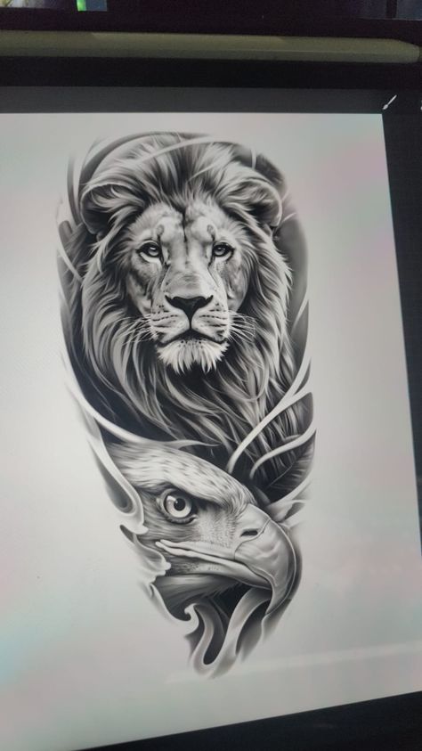 Eagle And Lion Tattoo, Snake And Eagle Tattoo, Lion And Eagle Tattoo, Eagle Tattoo Design, Lion And Rose Tattoo, Dove Tattoo Design, Arm Tattoos Drawing, Tattoo Style Art, Lion Art Tattoo