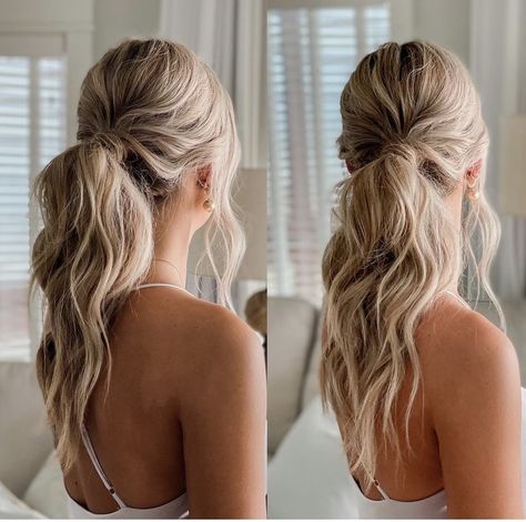 Simple Wedding Ponytail Hairstyles, Pony Tail Hoco Hair Styles, Low Pony For Prom, Bridesmaid Messy Ponytail, Kristin Cavallari Ponytail, Messy Pony Updo, Prom Hairstyles For Medium Hair Half Up, Low Pony Tailed Hairstyle Prom, Low Bridesmaid Ponytail