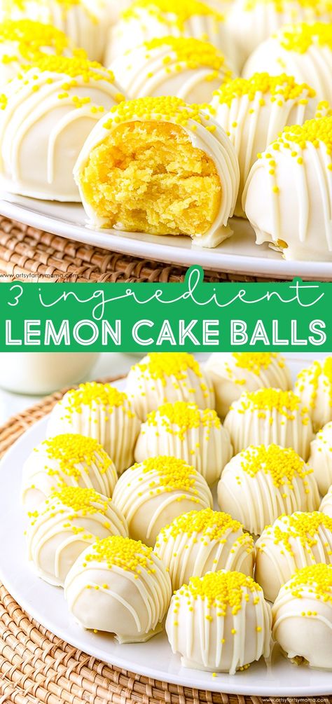 3 Ingredient Lemon Cake Balls #cakeballs #lemonrecipes #nobake #nobakerecipes #summer #easyrecipes #partyfood No Bake Lemon Balls, Lemon Balls No Bake, Cake Balls Decorating Ideas, Lemon Cake Balls Recipe, Cake Balls Recipe Easy, 3 Ingredient Lemon Cake, No Bake Cake Balls, Lemon Cake Pops Recipe, Lemon Cake Balls