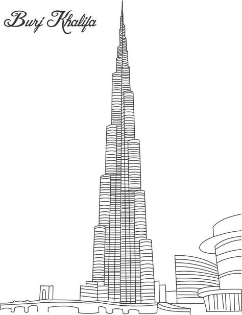 Burj Khalifa Coloring Page For Kids Pages Of Great Building Burj Khalifa Sketch, Burj Khalifa Drawing, Dubai Art, Uae National Day, Dubai Skyscraper, Perspective Drawing Architecture, Line Artwork, Kids Pages, Burj Al Arab