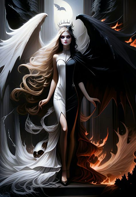 Angel/Demon Angel And Demon Wallpaper, Half Angel Half Demon Art, Fallon Angel, Female Fallen Angel, Half Angel Half Demon, Goth Angel, Angel Demon, Gothic Angel, Half Demon