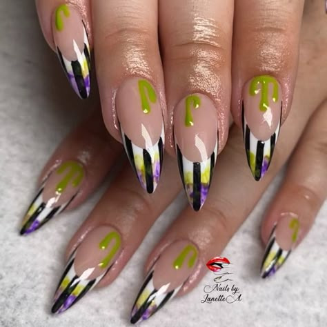 GelX nails Tornado Nails Design, Halloween Inspired Nail Designs, Magic School Bus Nails, Halloween Nails Bettle Juice, Beetlejuice Halloween Nails, Beetlejuice Toenails, Nettle Juice Nails, Beetlejuice Nail Ideas, Beetle Juice Nail Art