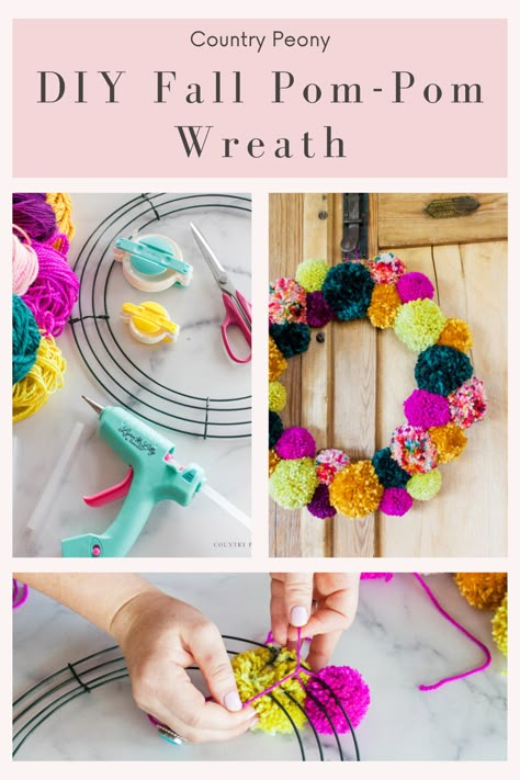 Diy Pom Pom Wreath How To Make, Pom Pom Yarn Patterns, Pompom Wreath Tutorial, Fall Pompom Wreath, Diy Pompom Wreath, Fall Wreath Diy Easy, Fun Christmas Wreath Ideas, Yarn Crafts To Sell Easy Diy, How To Make A Pom Pom Wreath