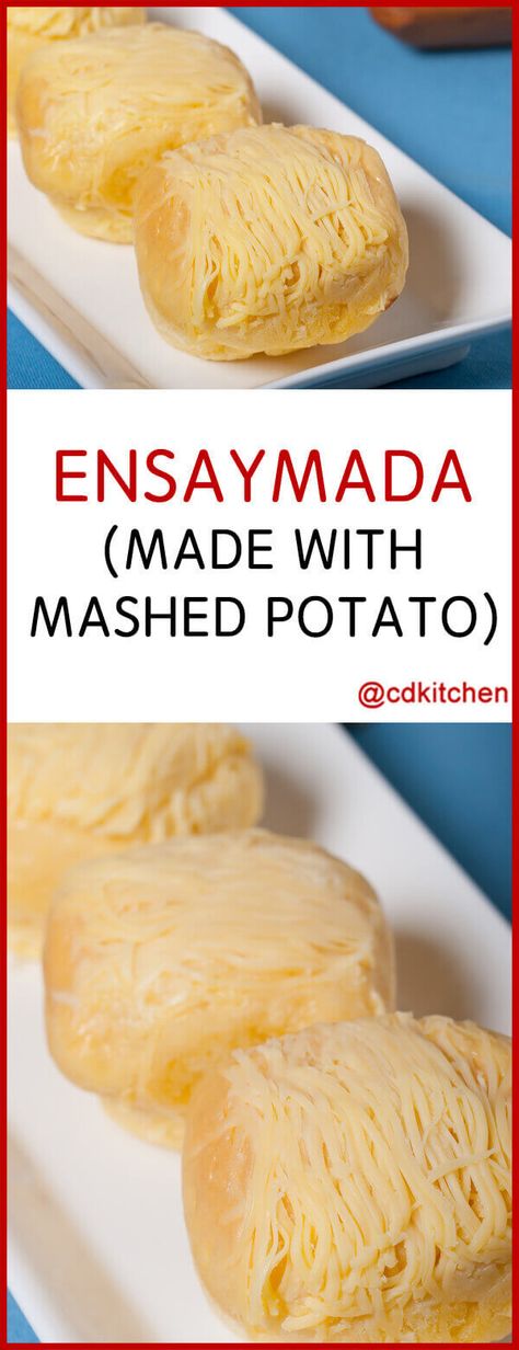 Ensaymada (Made With Mashed Potato) - Made with sugar, yeast, water, egg yolks, eggs, mashed potato, evaporated milk, all-purpose flour, salt, butter, cheese | CDKitchen.com Fluffy Ensaymada Recipe, Filipino Merienda, Pinoy Kakanin, Filipino Bread Recipe, Ensaymada Recipe, Filipino Bread, Pinoy Recipe, Roti Bread, Filipino Snacks