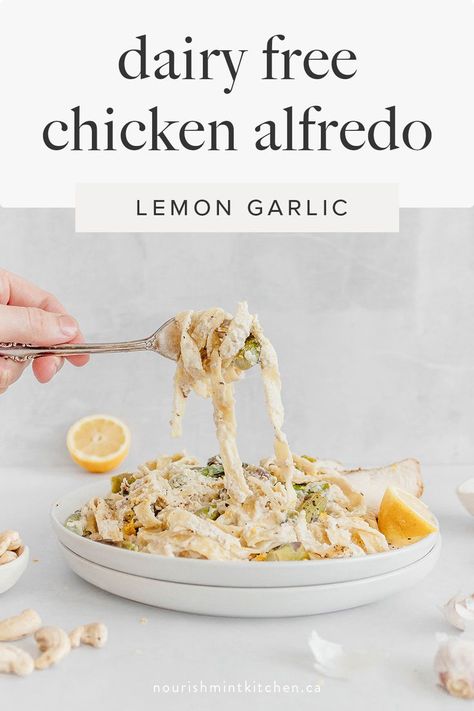 This Dairy Free Chicken Alfredo is creamy and delicious. With lemon, garlic, grilled chicken and asparagus – it’s the perfect easy week night meal! A lighter version of an old classic, made dairy free with cashew and coconut cream. Dairy Free Chicken Alfredo, Grilled Chicken And Asparagus, Garlic Grilled Chicken, Chicken And Asparagus, Nourishing Foods, Citrus Chicken, Chicken Alfredo, Food App, Dairy Free Recipes