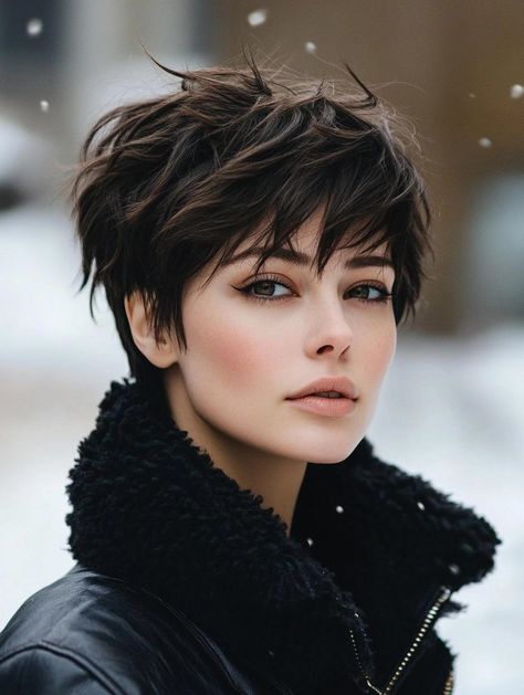 This tousled pixie cut with wispy bangs exudes casual elegance. The layers are artfully disheveled, giving it a carefree, windswept appearance that’s both chic and practical for winter. The wispy bangs add a soft touch, enhancing the overall look with a subtle femininity. Perfect for those seeking an easygoing, stylish option that complements a... Short Winter Hairstyles, Tousled Pixie, Keeping Hair Healthy, Layered Bobs, Hair Healthy, Wispy Bangs, Winter Hairstyles, Trendy Shorts, Pixie Cuts