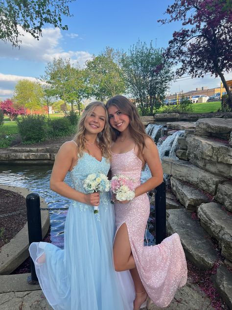 Bsf Prom Dresses, Light Blue Prom Aesthetic, Pastel Prom Dress Long, Light Blue Prom Dress Aesthetic, Prom Pics With Bouquets, Blue Prom Aesthetic, Aesthetic Prom Pics, Pink Prom Aesthetic, Pink Prom Dress Aesthetic