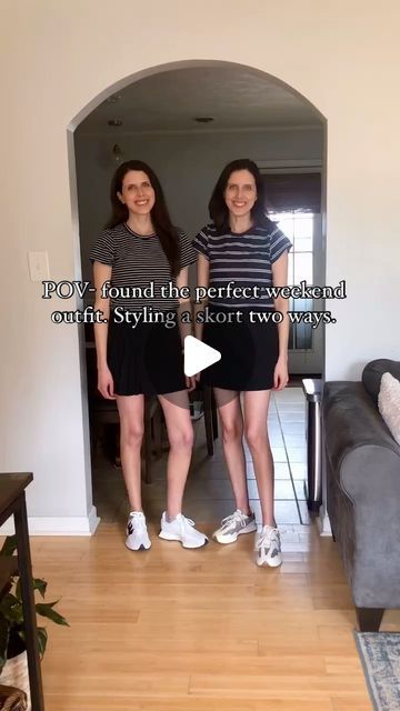 Kristin & Kara // Leslie Lashae- Dresses/ Outfits on Instagram: "POV- we’ve found the perfect weekend outfit. Styling an athletic skirt two ways. How to shop ⬇️
1st outfit
✔️stripe tee
✔️skort
✔️new balance 327
2nd outfit 
✔️stripe tee 
✔️denim jacket
✔️skort
✔️platform sandals

📌 Comment the word “LINK” & we will send a message with all outfit details✨
📌 Follow my shop @leslielashae on the @shop.LTK app to shop this post and get my exclusive app-only content!

#LTKSeasonal #LTKActive #LTKVideo #summeroutfitinspo #summeroutfitideas #preppystyle 
@shop.ltk
https://liketk.it/4G5C9

Twin sisters Twin bloggers Summer outfit Spring outfit Casual outfit Work from home outfit WFH outfit 
Weekend outfit Activewear Tennis skirt Preppy style" Wfh Outfits, Skort Outfit, Skirt Preppy, Work From Home Outfit, Outfit Work, Outfit Styling, Athletic Skirt, Stripe Tee, Dresses Outfits