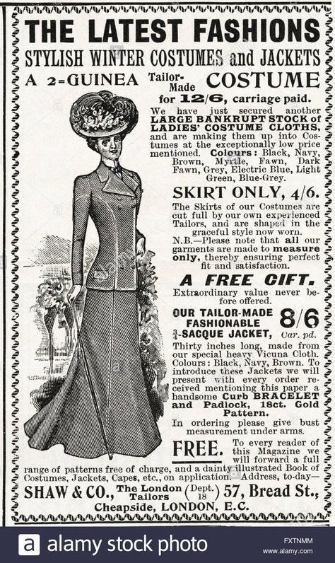 Original old vintage magazine advert from the late Victorian era Stock Photo, Royalty Free Image: 102576788 - Alamy Victorian Advertisements, Victorian Ads, Journal Materials, English Clothes, English Magazine, English Project, Magazine Advert, Victorian Age, Victorian England