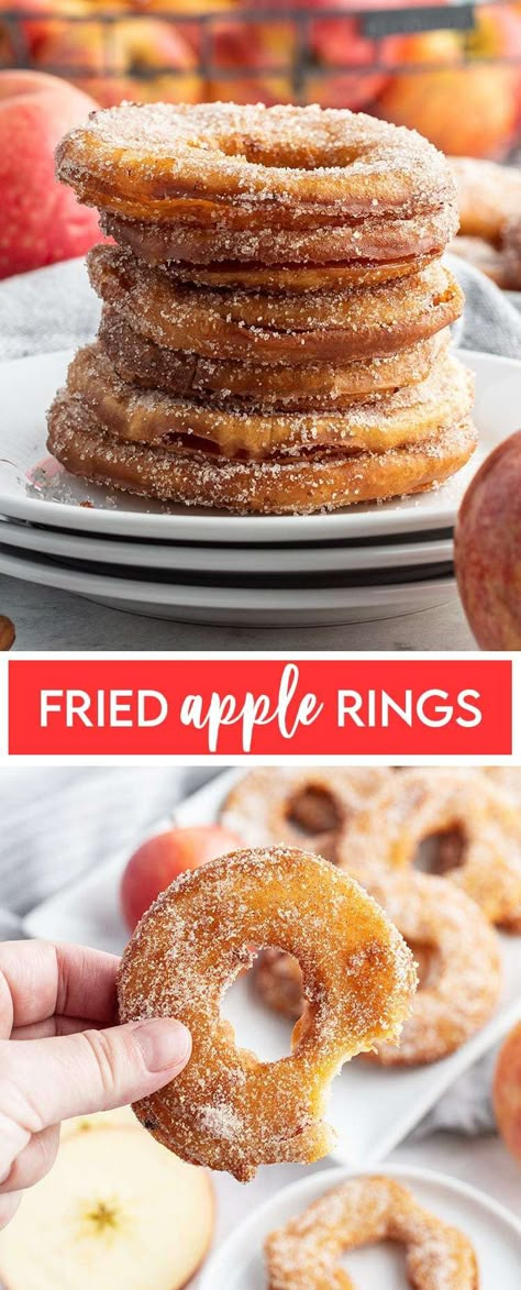 These fried apple rings are the perfect fall treat. They're made with sliced apple rings, dipped in batter and deep fried and covered in cinnamon sugar. They are the perfect flavors of fall in one bite. Batter Fried Apples, Fried Apples Rings Recipe, Apple Donuts Recipe Fried, Apple Ring Doughnut, Fall Recipes Easy Desserts, Caramel Apple Donut Ring With Vanilla Sauce, Cinnamon Apple Rings Recipe, Apple Cinnamon Curly Fries, Apple Cinnamon Rings Recipe