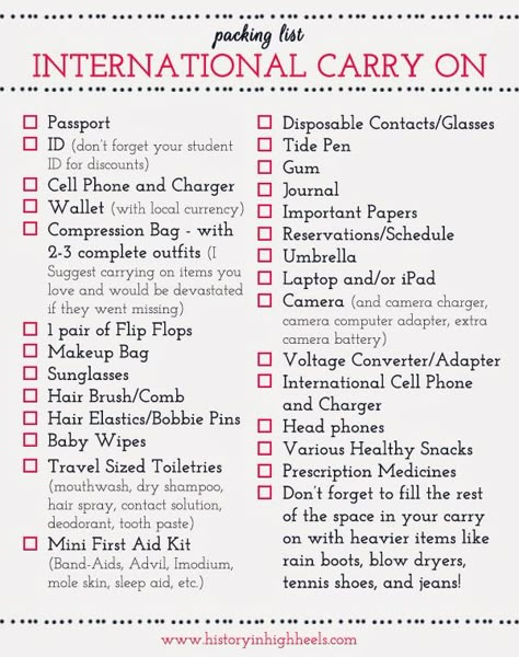 Packing Tips: International Carry On Checklist - History In High Heels Carry On Checklist, Packing Hacks, Missions Trip, Travel Checklist, Travel List, Packing Tips For Travel, What To Pack, Travel Packing, Packing Tips