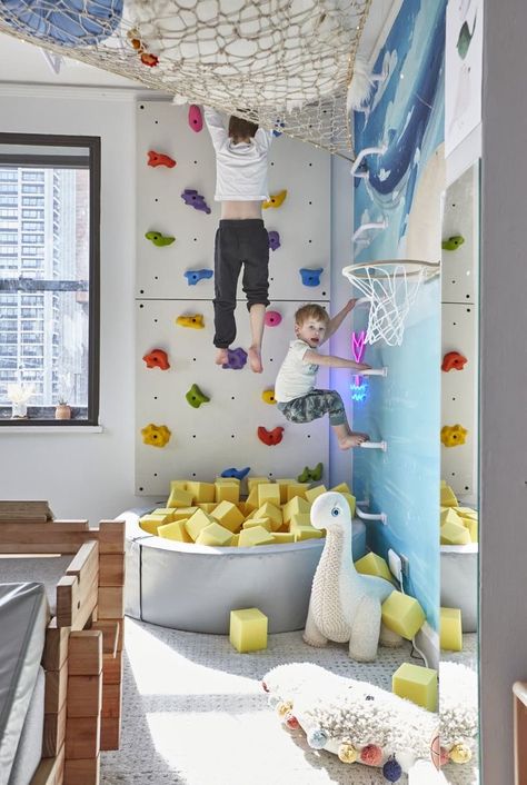 Kids Room Rock Climbing Wall, Kids Climbing Room, Basement Rock Climbing Wall, Sensory Room For Kids, Dragon Bedroom Ideas, Indoor Playroom Ideas, Diy Climbing Wall For Kids, Active Kids Room, Playroom Corner